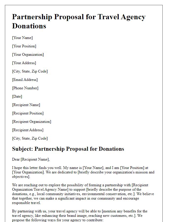 Letter template of partnership proposal for travel agency donations.