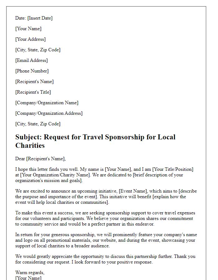 Letter template of request for travel sponsor donations for local charities.