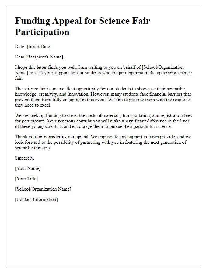 Letter template of appeal for funding for science fair participants.