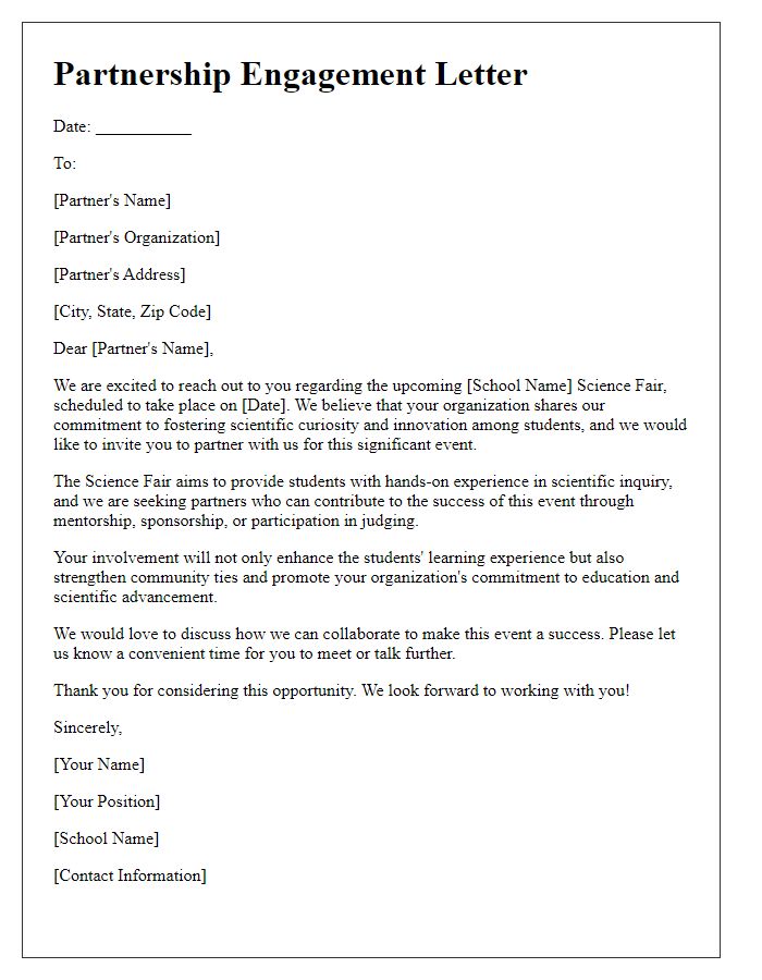 Letter template of engagement for partnerships in school science fair.