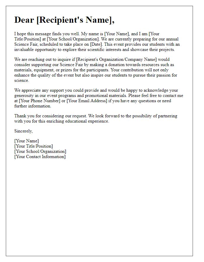 Letter template of inquiry for donations for science fair resources.