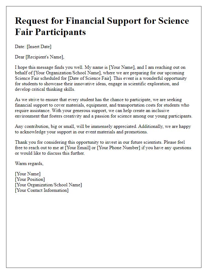 Letter template of outreach for financial support for science fair participants.