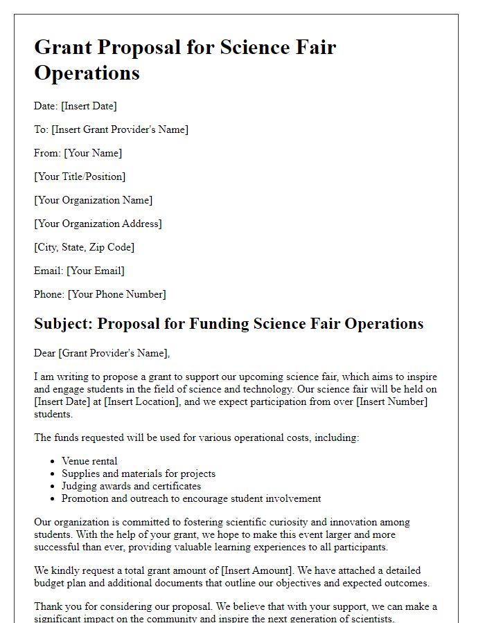 Letter template of proposal for grants for science fair operations.