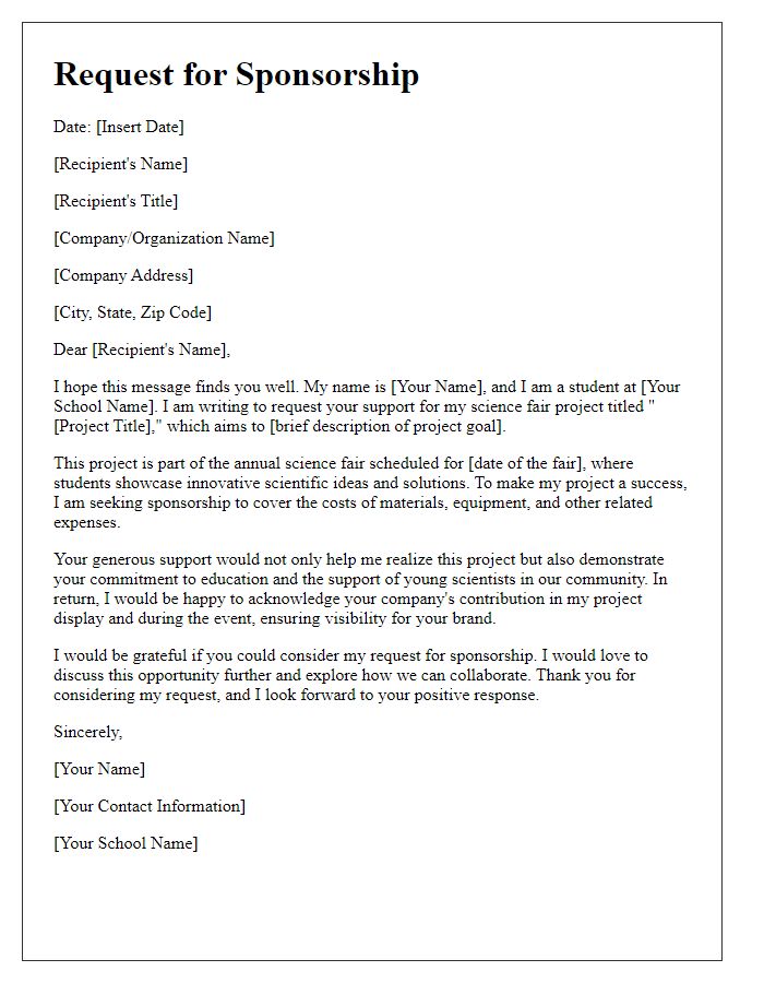 Letter template of request for sponsorship for science fair project.