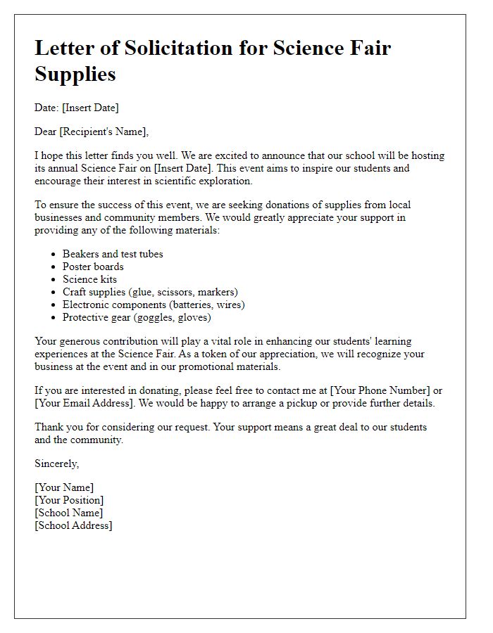 Letter template of solicitation for supplies for science fair exhibits.