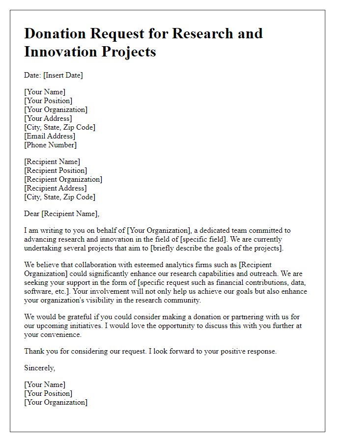 Letter template of donation request to analytics firms for research and innovation projects.