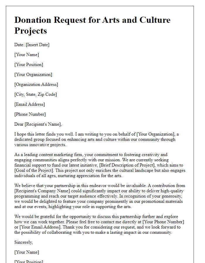 Letter template of donation request to content marketing firms for funding arts and culture projects.