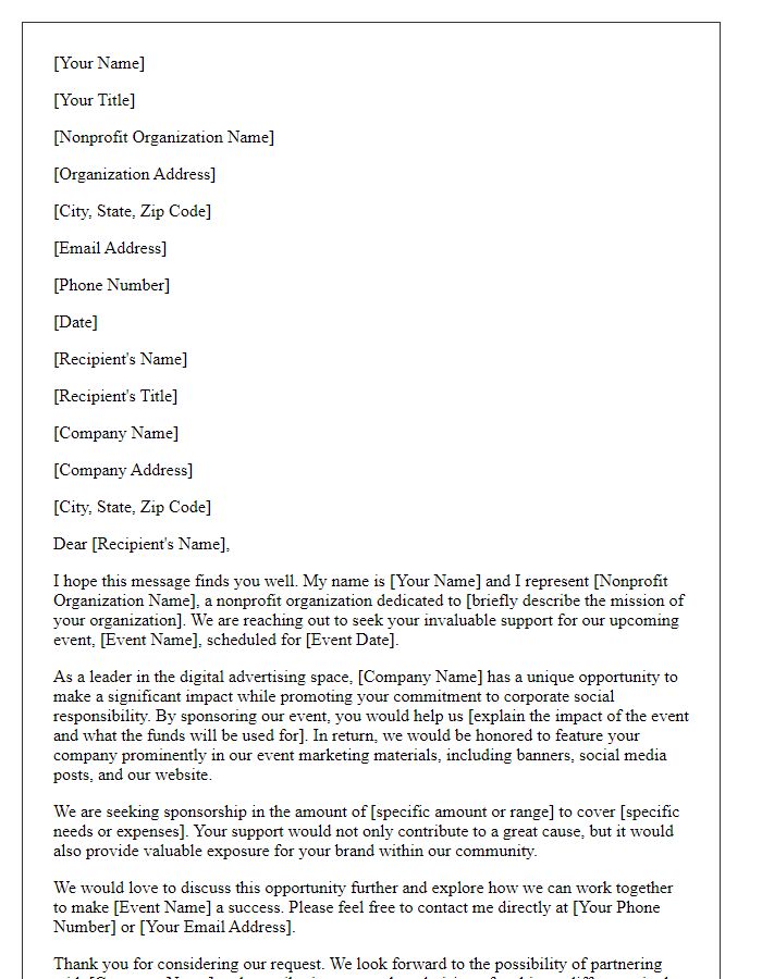 Letter template of donation request for digital advertising companies to sponsor nonprofit events.