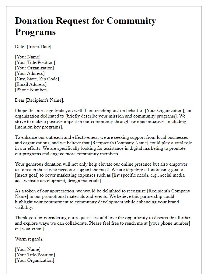 Letter template of donation request for digital marketing agency support for community programs.