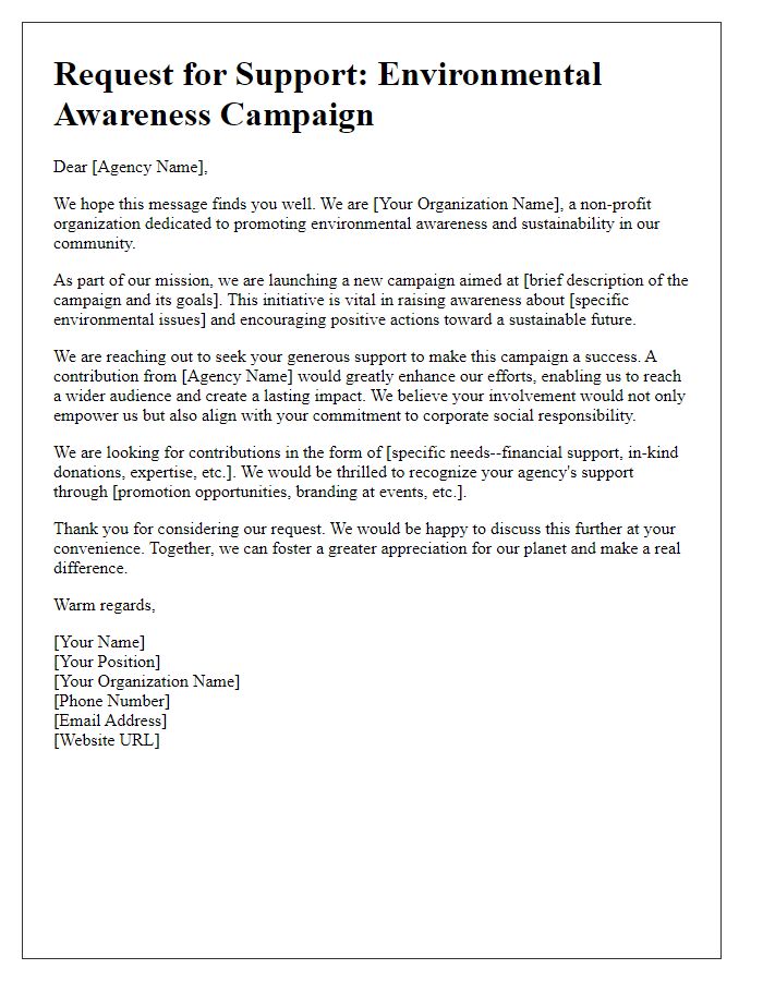 Letter template of donation request for PPC agencies to support environmental awareness campaigns.