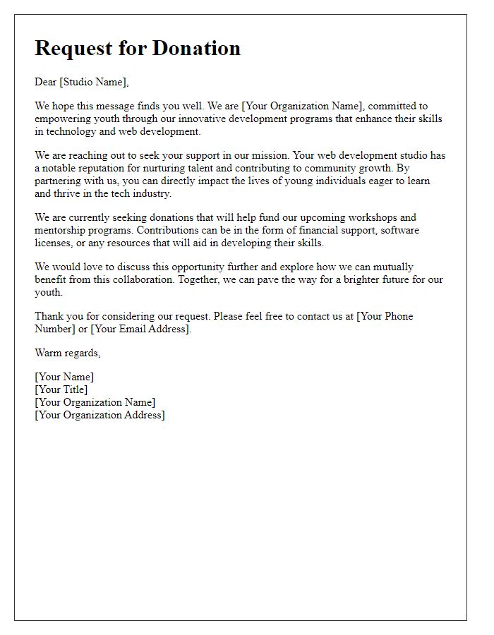 Letter template of donation request targeting web development studios for youth development programs.