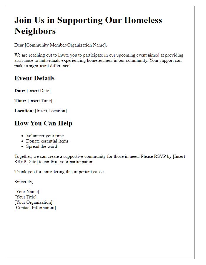 Letter template of community support invitation for homelessness assistance.