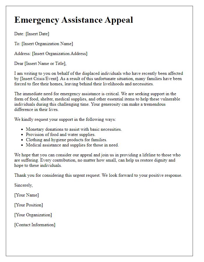 Letter template of emergency assistance appeal for displaced individuals.