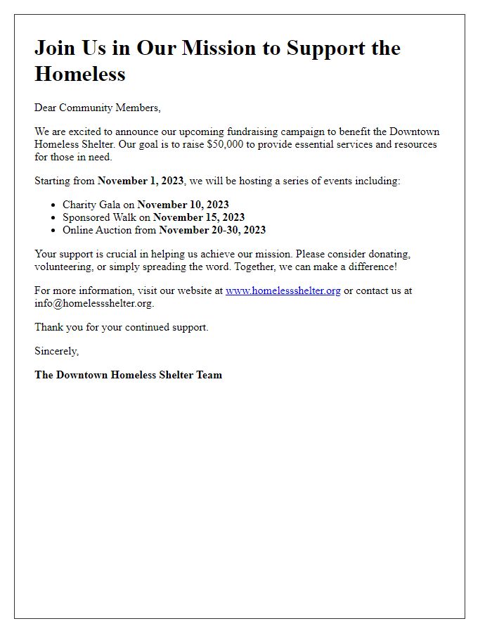 Letter template of fundraising campaign announcement for homeless shelter.