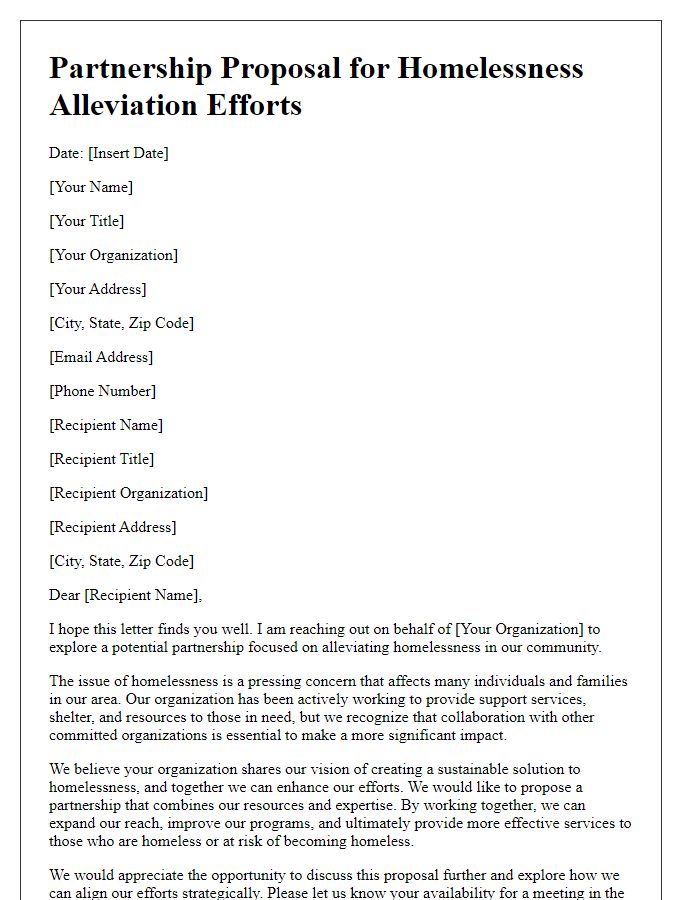 Letter template of partnership proposal for homelessness alleviation efforts.