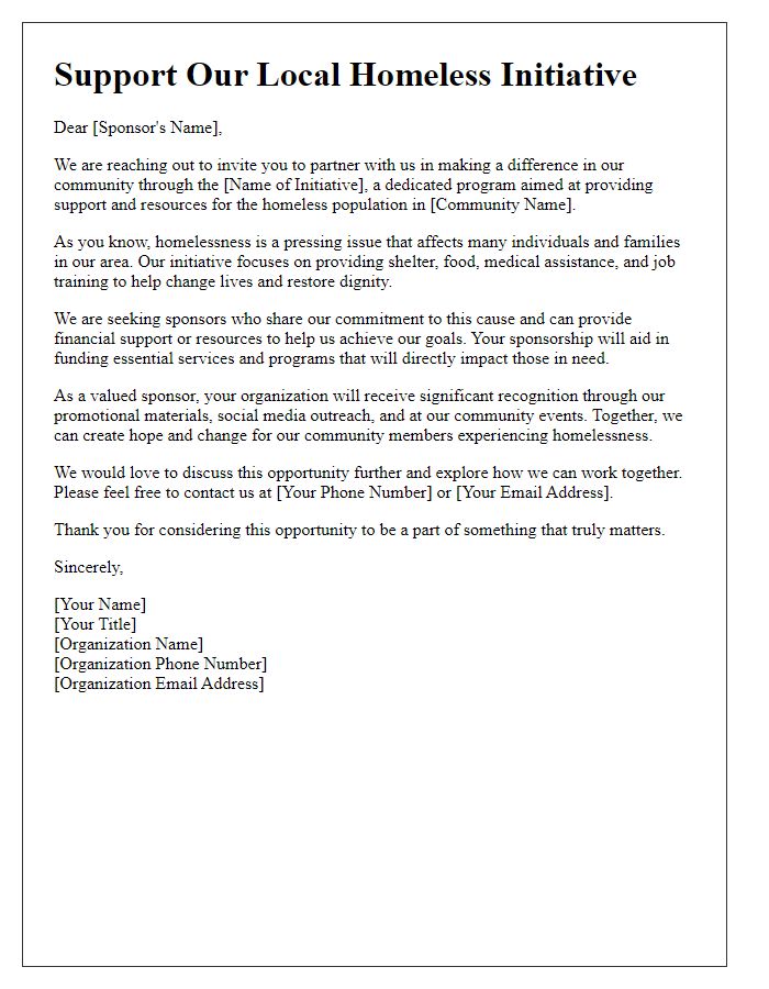 Letter template of sponsorship opportunity for local homeless initiative.