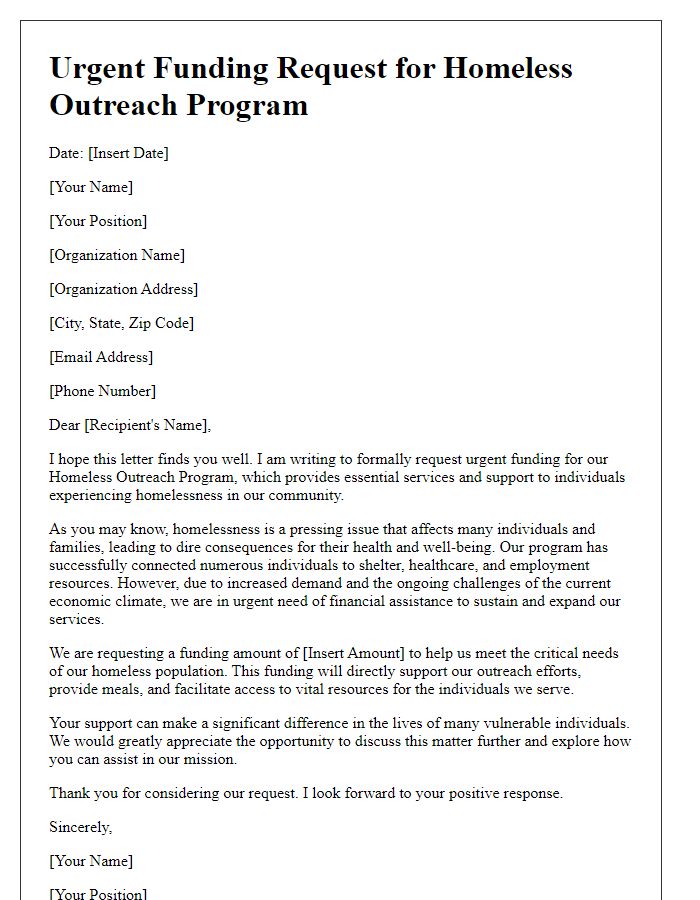 Letter template of urgent funding request for homeless outreach program.