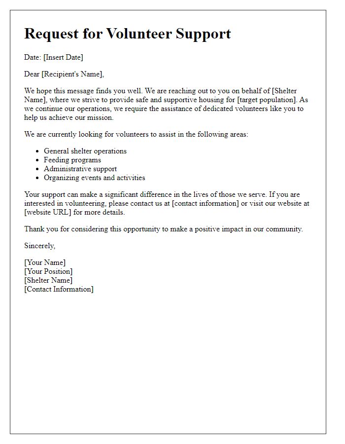 Letter template of volunteer support request for shelter operations.