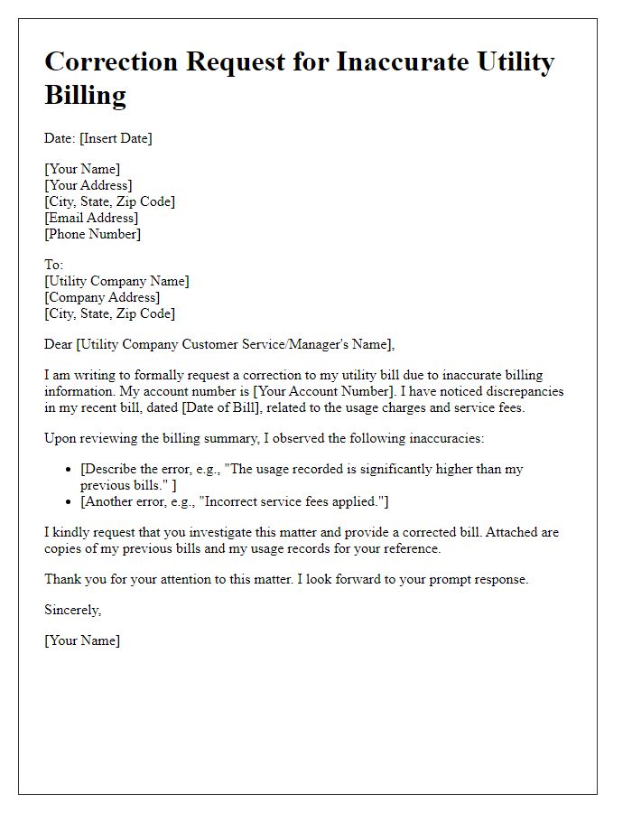 Letter template of correction request for inaccurate utility billing information.