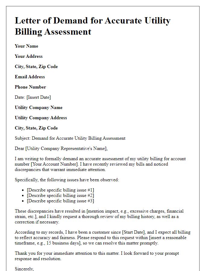 Letter template of demand for accurate utility billing assessment.