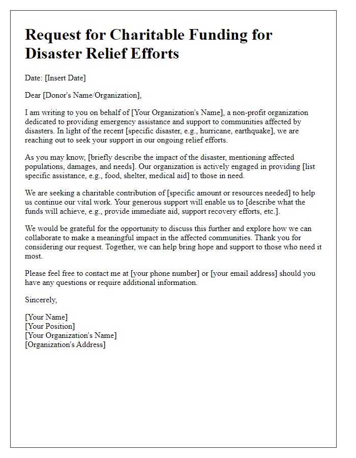 Letter template of charitable funding request for disaster relief efforts.