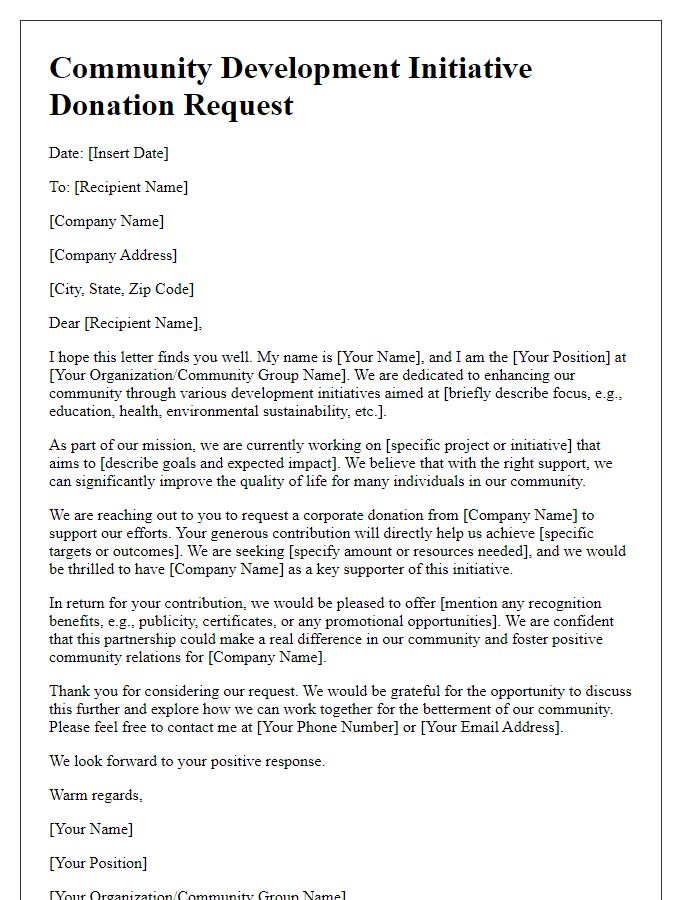 Letter template of corporate donation request for community development initiatives.