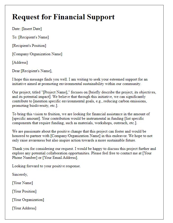 Letter template of financial support request for environmental sustainability projects.