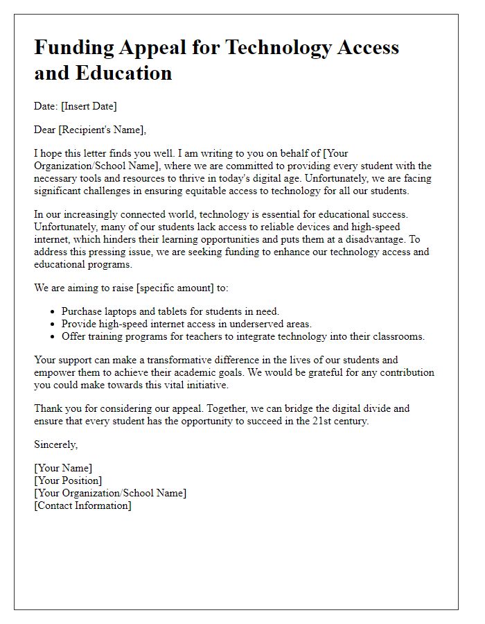 Letter template of funding appeal for technology access and education.