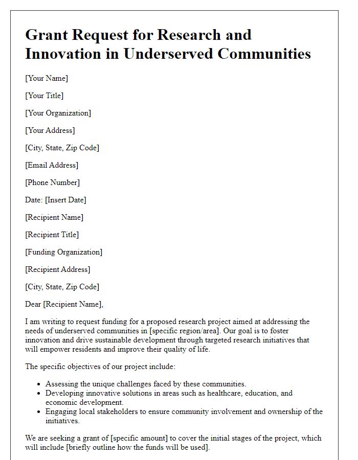 Letter template of grant request for research and innovation in underserved communities.