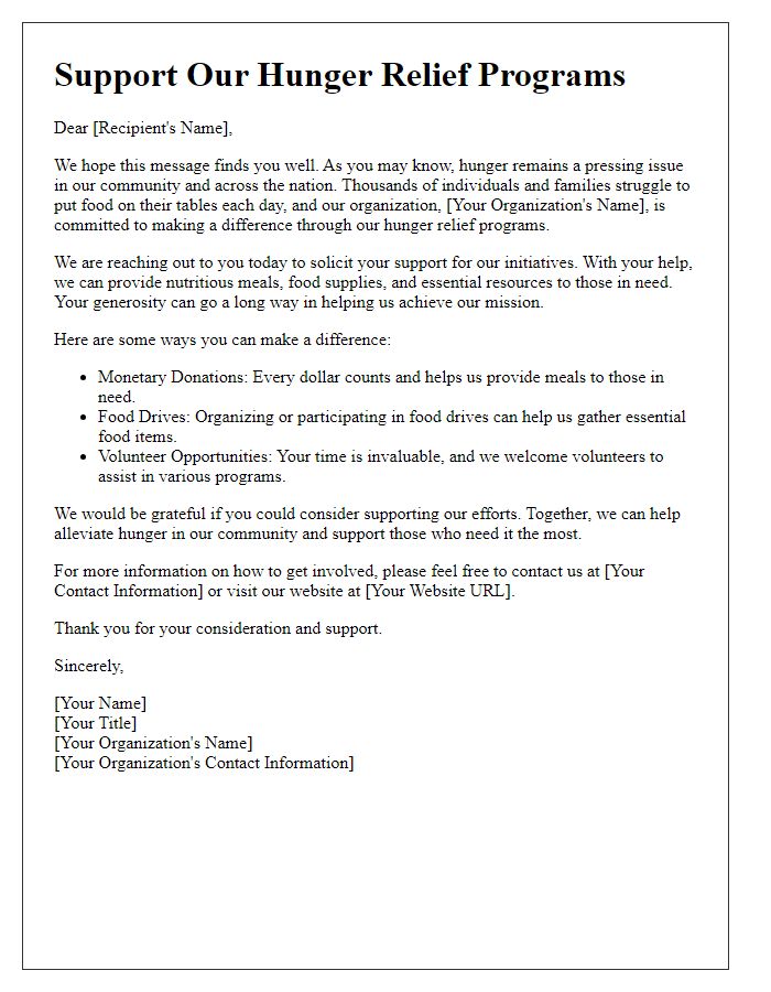 Letter template of support solicitation for hunger relief programs.