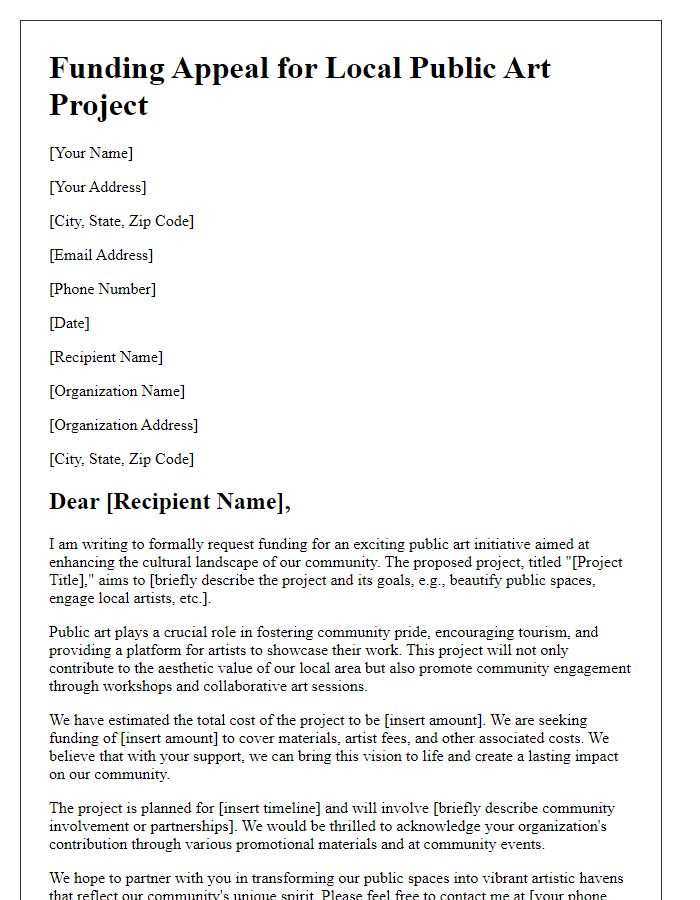 Letter template of appeal for funding local public art.