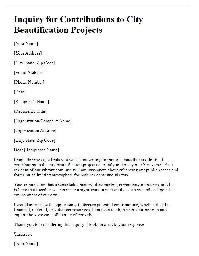 Letter template of inquiry for contributions to city beautification projects.