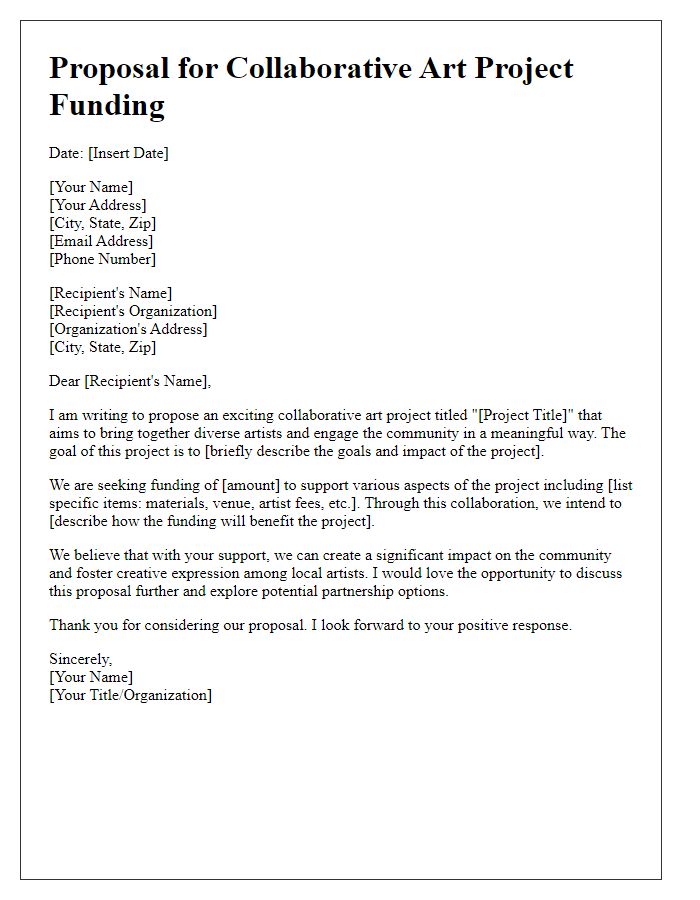 Letter template of proposition for collaborative art project funding.