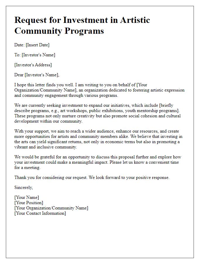 Letter template of request for investment in artistic community programs.