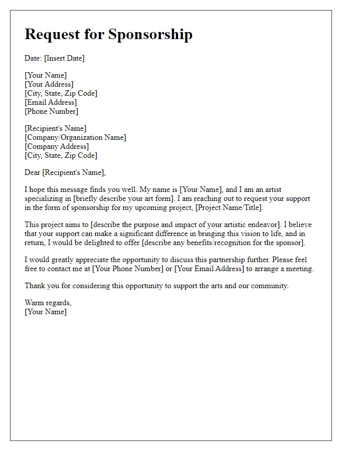 Letter template of request for sponsorship of artistic endeavors.