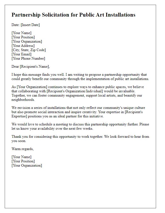 Letter template of solicitation for partnerships in public art installations.