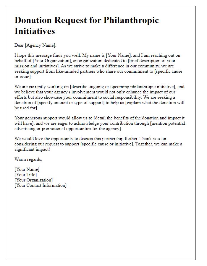 Letter template of donation request appealing to advertising agencies for philanthropic initiatives.