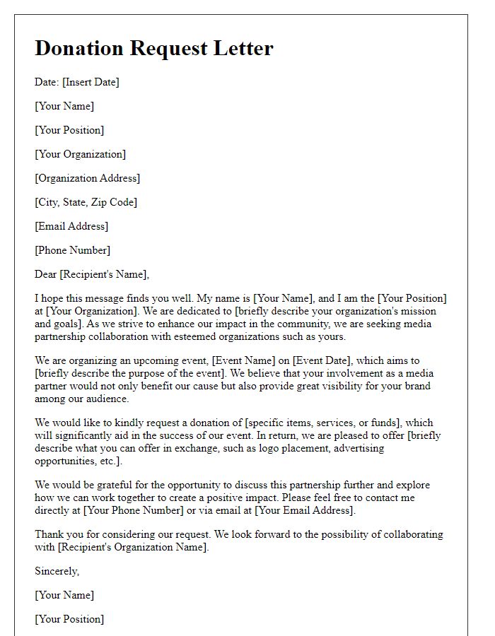 Letter template of donation request for media partnership collaboration.