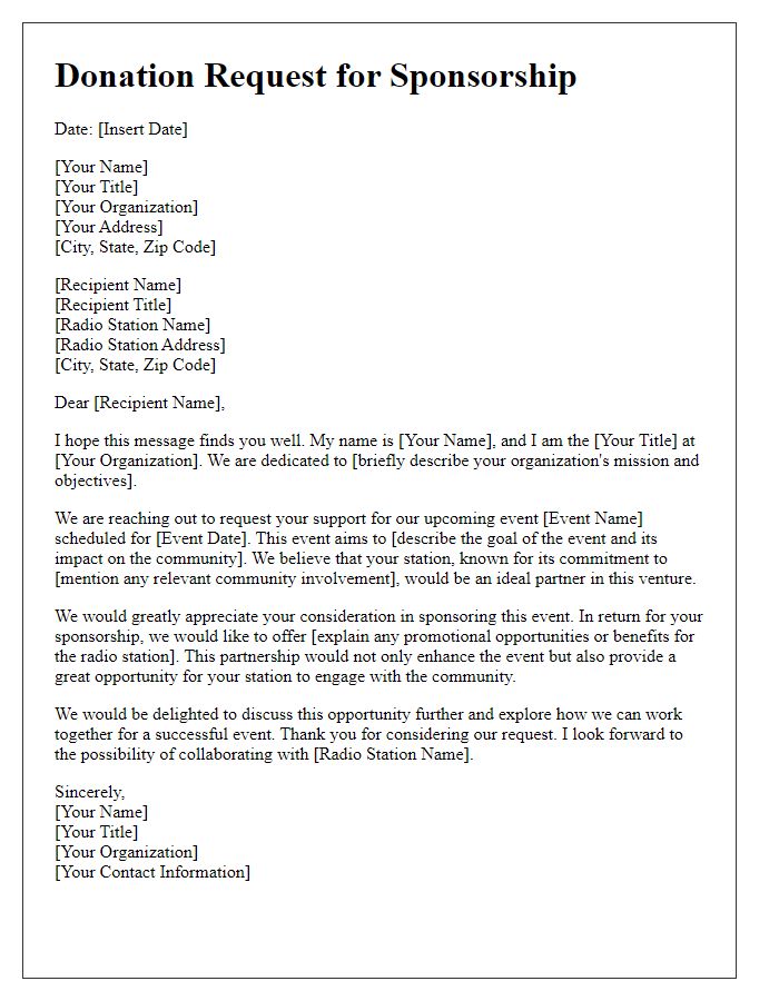 Letter template of donation request for sponsorship from radio stations.