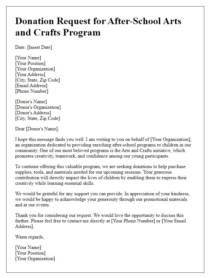 Letter template of donation request for after-school program arts and crafts.