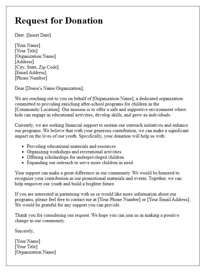 Letter template of donation request for after-school program community outreach.