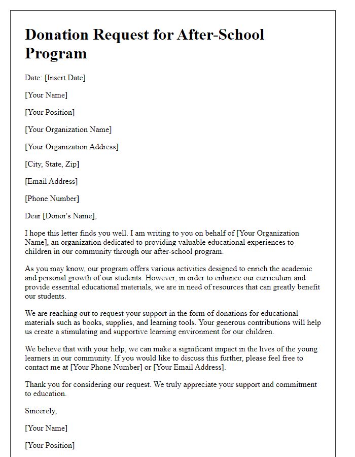 Letter template of donation request for after-school program educational materials.