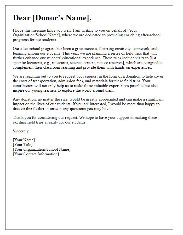 Letter template of donation request for after-school program field trips.