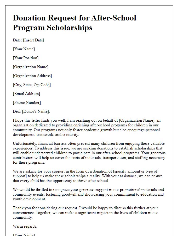 Letter template of donation request for after-school program scholarships.