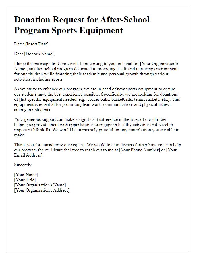 Letter template of donation request for after-school program sports equipment.