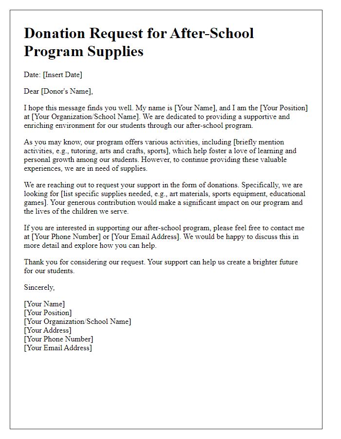 Letter template of donation request for after-school program supplies.