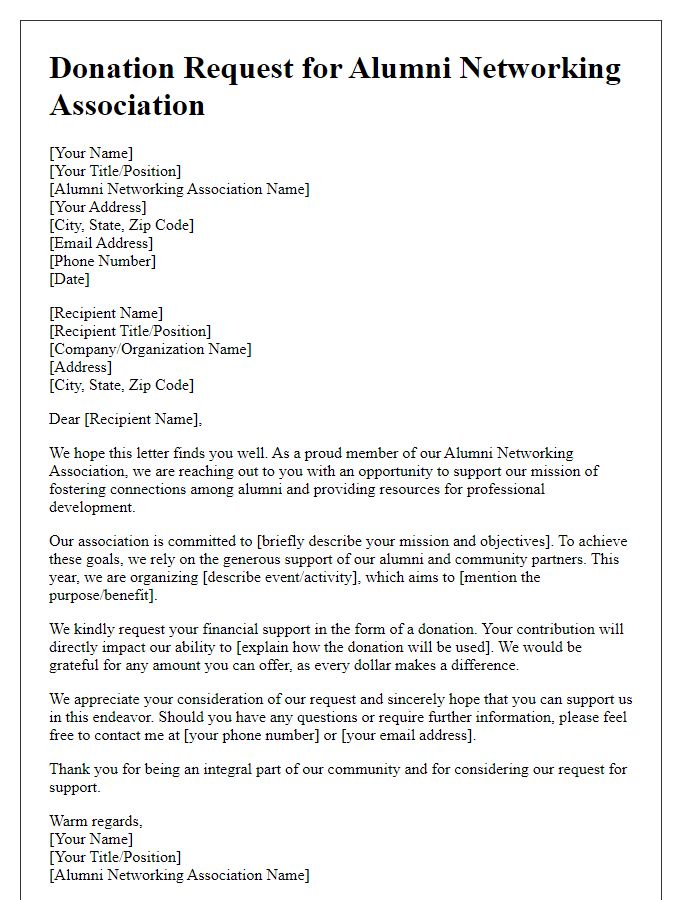 Letter template of donation request for alumni networking associations