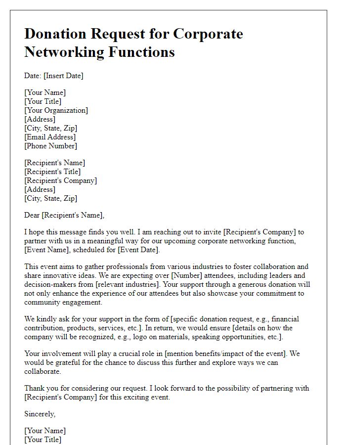 Letter template of donation request for corporate networking functions