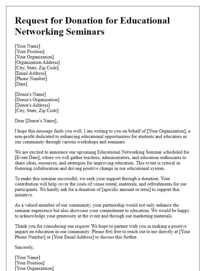 Letter template of donation request for educational networking seminars