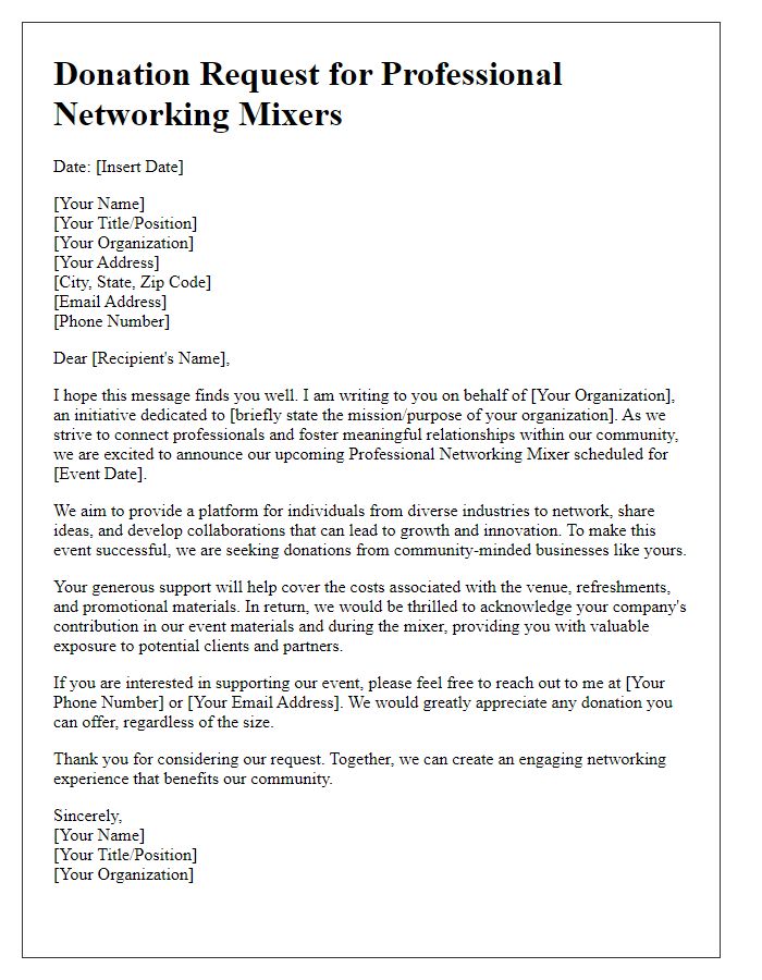 Letter template of donation request for professional networking mixers